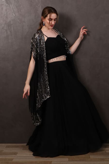 Buy_Sayisha_Black Chiffon Sequins, Beads Sweetheart Neck Hem Embroidered Blouse Lehenga Set _Online_at_Aza_Fashions