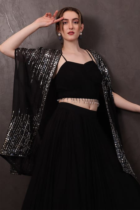 Shop_Sayisha_Black Chiffon Sequins, Beads Sweetheart Neck Hem Embroidered Blouse Lehenga Set _Online_at_Aza_Fashions