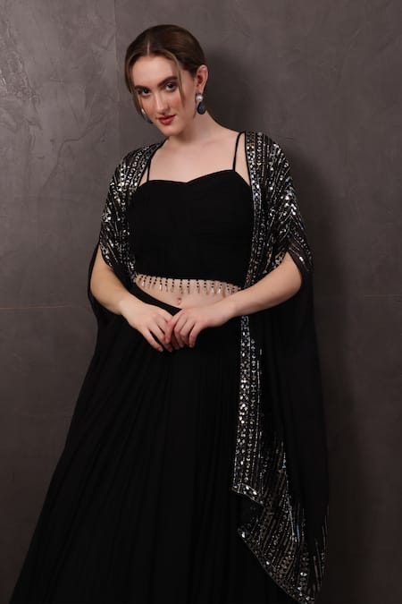 Sayisha_Black Chiffon Sequins, Beads Sweetheart Neck Hem Embroidered Blouse Lehenga Set _at_Aza_Fashions