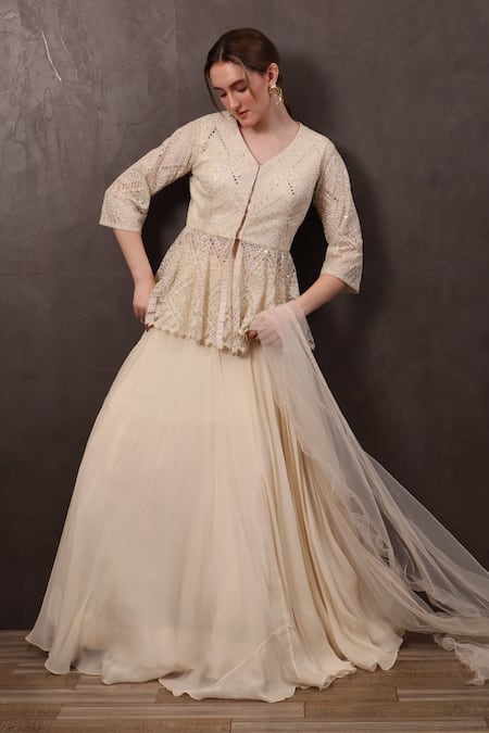Sayisha_Off White Net Mirrors, Sequins, Embroidery V-neck Kurta Lehenga Set _Online_at_Aza_Fashions