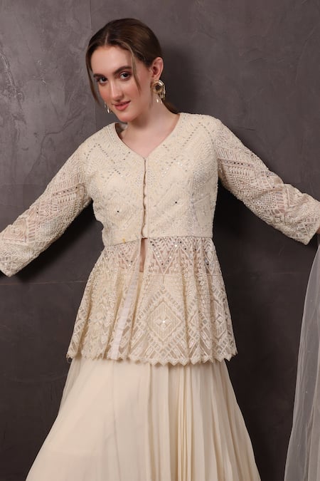 Buy_Sayisha_Off White Net Mirrors, Sequins, Embroidery V-neck Kurta Lehenga Set _Online_at_Aza_Fashions