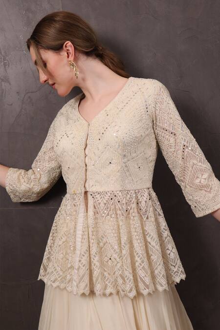 Sayisha_Off White Net Mirrors, Sequins, Embroidery V-neck Kurta Lehenga Set _at_Aza_Fashions