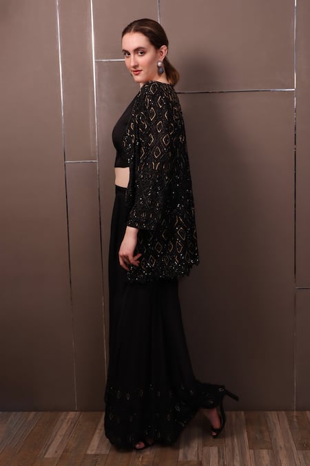 Shop_Sayisha_Black Crepe Hand Embroidered Sequins Jacket Front Open Skirt Set With _at_Aza_Fashions