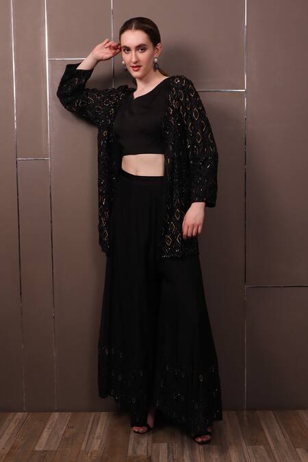 Sayisha_Black Crepe Hand Embroidered Sequins Jacket Front Open Skirt Set With _Online_at_Aza_Fashions