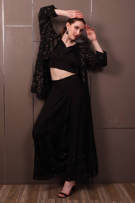 Buy_Sayisha_Black Crepe Hand Embroidered Sequins Jacket Front Open Skirt Set With _Online_at_Aza_Fashions