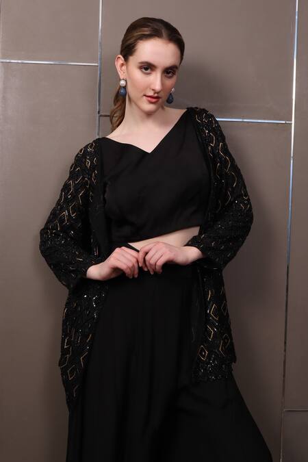 Sayisha_Black Crepe Hand Embroidered Sequins Jacket Front Open Skirt Set With _at_Aza_Fashions