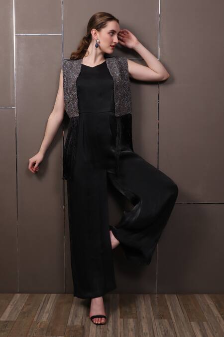 SAYISHA_Black Organza V-neck Box Fit Jumpsuit_Online_at_Aza_Fashions