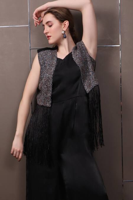 Shop_SAYISHA_Black Organza V-neck Box Fit Jumpsuit_Online_at_Aza_Fashions