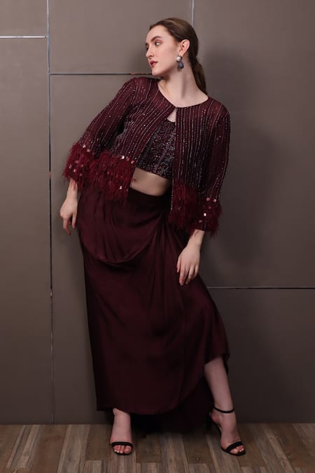 Shop_Sayisha_Maroon Crepe Hand Embroidered Sequins Jacket Front Open Draped Skirt Set With _at_Aza_Fashions