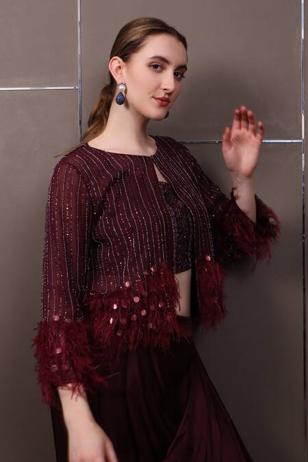 Sayisha_Maroon Crepe Hand Embroidered Sequins Jacket Front Open Draped Skirt Set With _Online_at_Aza_Fashions