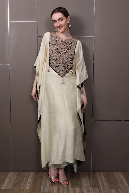Shop_Sayisha_Beige Chinon Hand Embroidered Sequins Round Kaftan Dress _at_Aza_Fashions