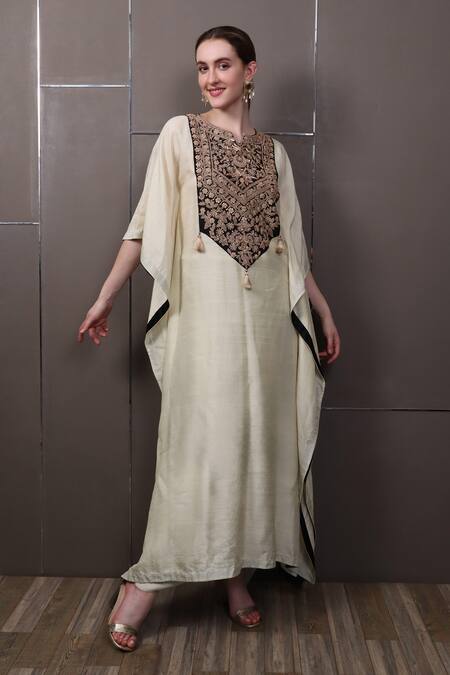 Sayisha_Beige Chinon Hand Embroidered Sequins Round Kaftan Dress _Online_at_Aza_Fashions