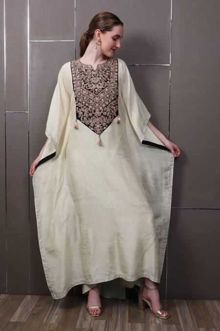 Buy_Sayisha_Beige Chinon Hand Embroidered Sequins Round Kaftan Dress _Online_at_Aza_Fashions