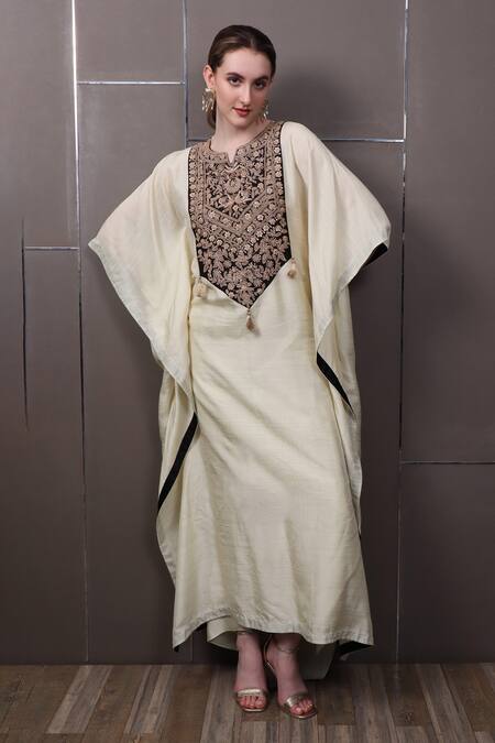 Shop_Sayisha_Beige Chinon Hand Embroidered Sequins Round Kaftan Dress _Online_at_Aza_Fashions