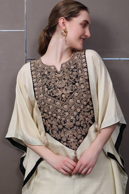 Sayisha_Beige Chinon Hand Embroidered Sequins Round Kaftan Dress _at_Aza_Fashions