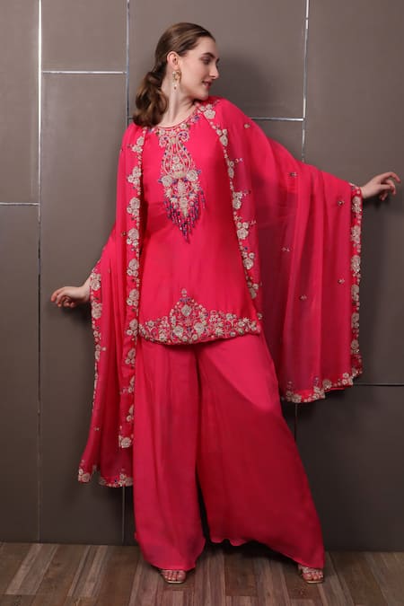 SAYISHA Pink Organza Hand Embroidered Sequins Round Kurta Palazzo Set 