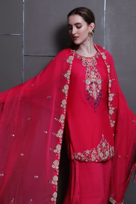 Shop Sayisha Pink Organza Embroidery, Sequins Round Neck Hand Kurta Palazzo Set at Aza Fashions Shop_Sayisha_Pink Organza Embroidery, Sequins Round Neck Hand Kurta Palazzo Set _at_Aza_Fashions