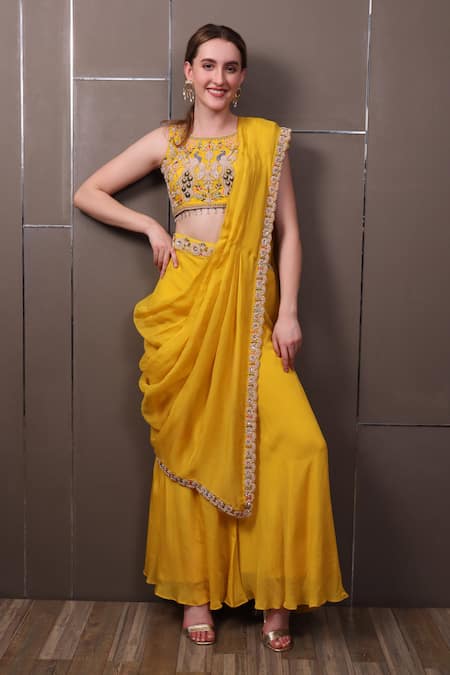 SAYISHA Yellow Organza Hand Embroidered Peacock Round Blouse With Pant 