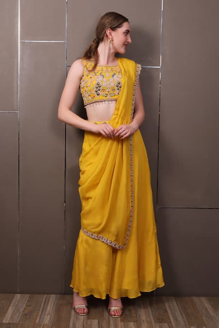 Shop Sayisha Yellow Organza Embroidery Round Neck Peacock Hand Blouse With Pant at Aza Fashions Shop_Sayisha_Yellow Organza Embroidery Round Neck Peacock Hand Blouse With Pant _at_Aza_Fashions