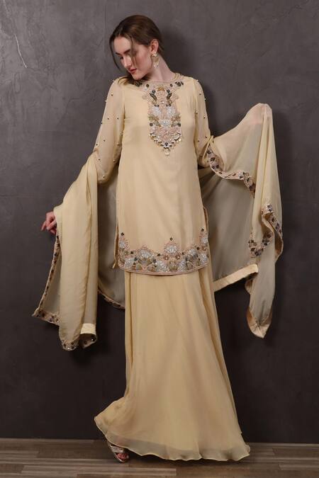 Sayisha_Beige Organza Beads, Sequins, Pearls Round Hand Embroidered Kurta With Skirt _Online_at_Aza_Fashions