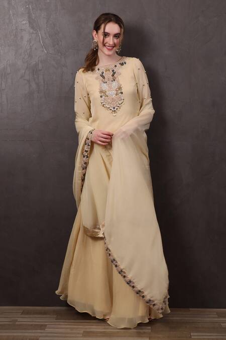 Buy_Sayisha_Beige Organza Beads, Sequins, Pearls Round Hand Embroidered Kurta With Skirt _Online_at_Aza_Fashions