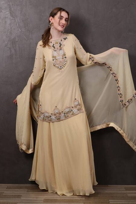 Shop_Sayisha_Beige Organza Beads, Sequins, Pearls Round Hand Embroidered Kurta With Skirt _Online_at_Aza_Fashions