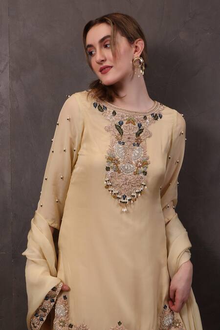 Sayisha_Beige Organza Beads, Sequins, Pearls Round Hand Embroidered Kurta With Skirt _at_Aza_Fashions