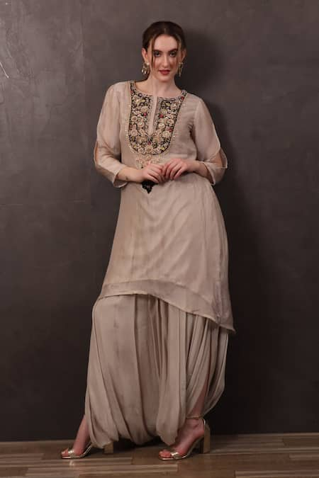 SAYISHA Beige Organza Hand Embroidered Sequins Scoop Kurta With Dhoti Pant 