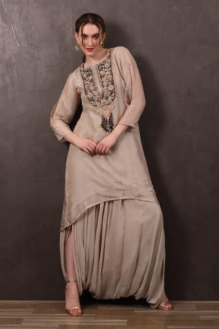 Shop_Sayisha_Beige Organza Hand Embroidered Sequins Scoop Kurta With Dhoti Pant _at_Aza_Fashions
