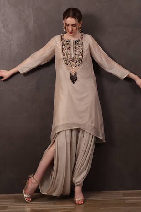 Sayisha_Beige Organza Hand Embroidered Sequins Scoop Kurta With Dhoti Pant _Online_at_Aza_Fashions