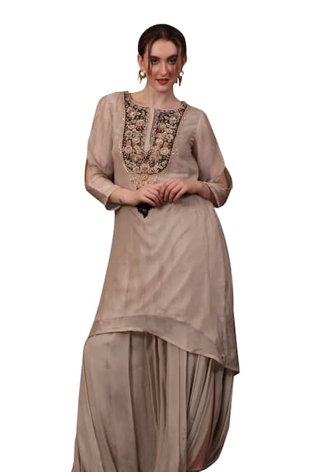 Buy Sayisha Beige Organza Hand Embroidered Sequins Scoop Kurta With Dhoti Pant Online at Aza Fashions Buy_Sayisha_Beige Organza Hand Embroidered Sequins Scoop Kurta With Dhoti Pant _Online_at_Aza_Fashions