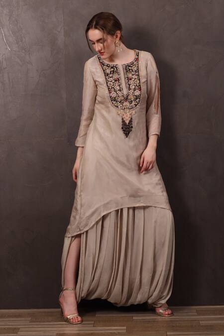 Sayisha_Beige Organza Hand Embroidered Sequins Scoop Kurta With Dhoti Pant _at_Aza_Fashions