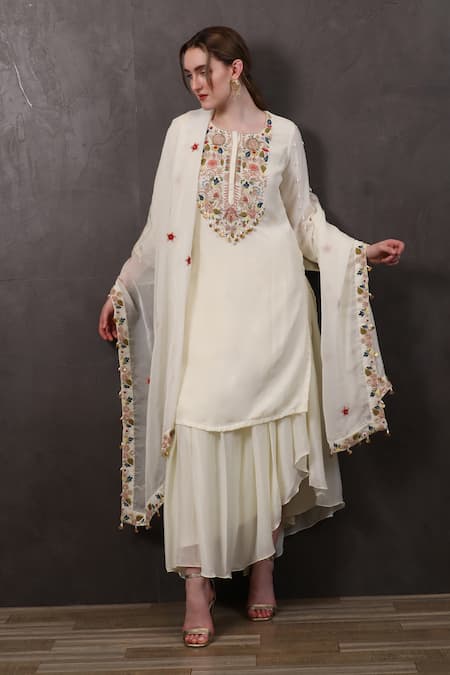 SAYISHA Off White Chinon Hand Embroidered Thread Round Kurta Palazzo Set 