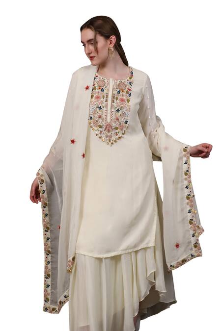 Sayisha Off White Chiffon Beads, Embroidery, Crystals Thread Hand Kurta Palazzo Set Online at Aza Fashions Sayisha_Off White Chiffon Beads, Embroidery, Crystals Thread Hand Kurta Palazzo Set _Online_at_Aza_Fashions
