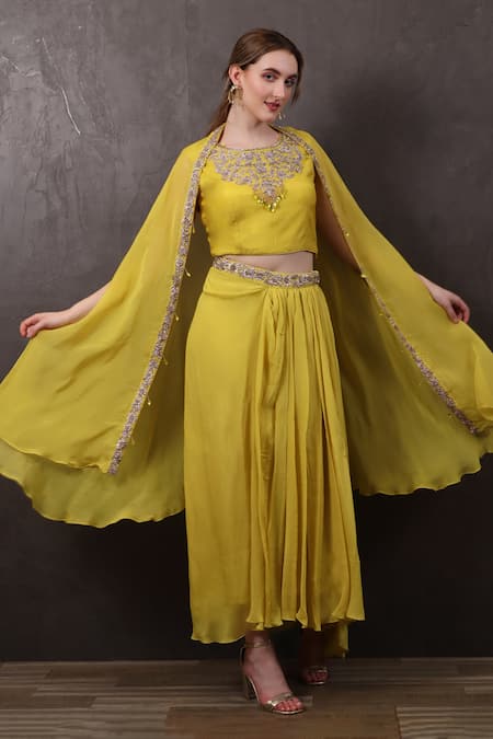 Shop_Sayisha_Yellow Muslin Hand Embroidered Crystals Round Blouse With Pleated Skirt _at_Aza_Fashions