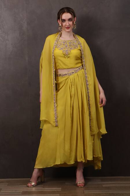 Sayisha_Yellow Muslin Hand Embroidered Crystals Round Blouse With Pleated Skirt _Online_at_Aza_Fashions