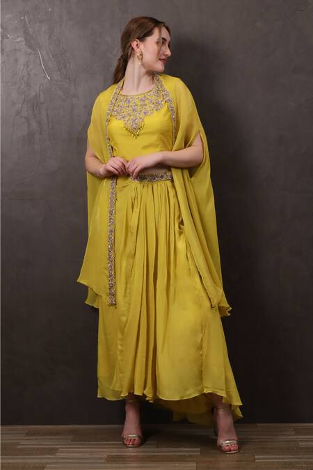 Shop_Sayisha_Yellow Muslin Hand Embroidered Crystals Round Blouse With Pleated Skirt _Online_at_Aza_Fashions