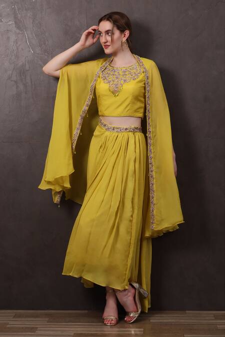 Sayisha_Yellow Muslin Hand Embroidered Crystals Round Blouse With Pleated Skirt _at_Aza_Fashions