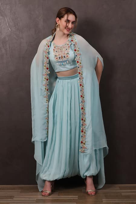 Shop_Sayisha_Blue Chinon Hand Embroidered Crystals Round Blouse With Balloon Skirt _at_Aza_Fashions