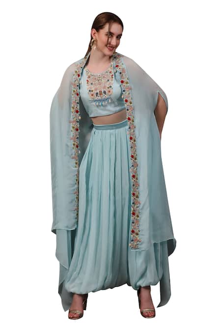 Sayisha Blue Chinon Hand Embroidered Crystals Round Blouse With Balloon Skirt Online at Aza Fashions Sayisha_Blue Chinon Hand Embroidered Crystals Round Blouse With Balloon Skirt _Online_at_Aza_Fashions