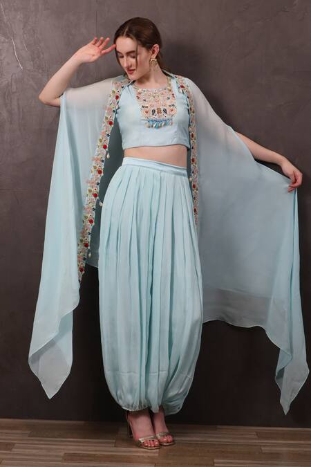 Buy_Sayisha_Blue Chinon Hand Embroidered Crystals Round Blouse With Balloon Skirt _Online_at_Aza_Fashions
