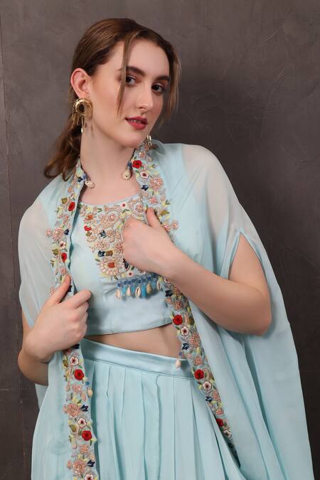 Shop_Sayisha_Blue Chinon Hand Embroidered Crystals Round Blouse With Balloon Skirt _Online_at_Aza_Fashions