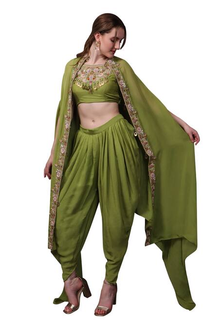 Sayisha_Green Muslin Hand Embroidered Crystals Top Scoop Dhoti Pant Set _Online_at_Aza_Fashions
