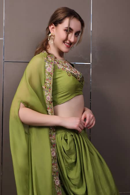 Buy_Sayisha_Green Muslin Hand Embroidered Crystals Top Scoop Dhoti Pant Set _Online_at_Aza_Fashions