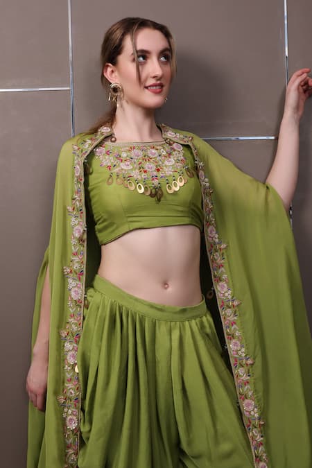 Sayisha_Green Muslin Hand Embroidered Crystals Top Scoop Dhoti Pant Set _at_Aza_Fashions