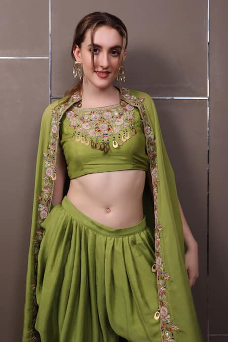 Buy_Sayisha_Green Muslin Hand Embroidered Crystals Top Scoop Dhoti Pant Set 