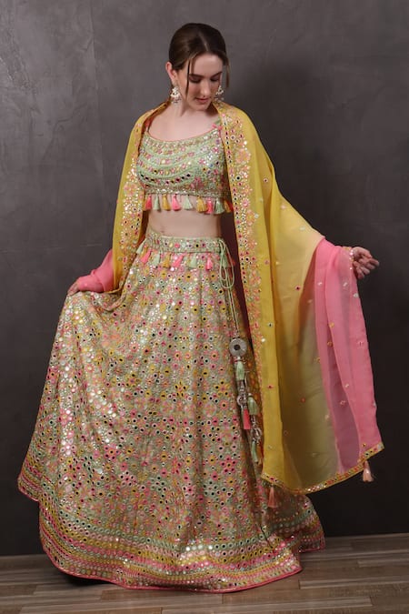 Shop_Sayisha_Multi Color Organza Sequins, Mirrors Scoop Neck Hand Embroidered Lehenga Set _at_Aza_Fashions