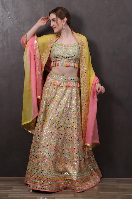 Sayisha_Multi Color Organza Sequins, Mirrors Scoop Neck Hand Embroidered Lehenga Set _Online_at_Aza_Fashions