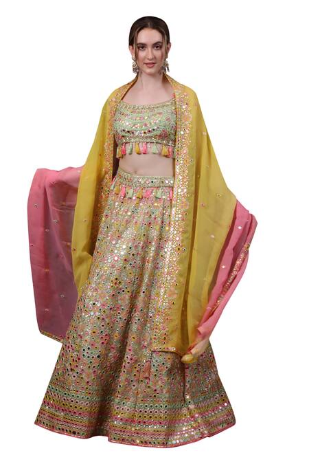 Buy Sayisha Multi Color Organza Sequins, Mirrors Scoop Neck Hand Embroidered Lehenga Set Online at Aza Fashions Buy_Sayisha_Multi Color Organza Sequins, Mirrors Scoop Neck Hand Embroidered Lehenga Set _Online_at_Aza_Fashions