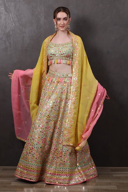 Shop_Sayisha_Multi Color Organza Sequins, Mirrors Scoop Neck Hand Embroidered Lehenga Set _Online_at_Aza_Fashions